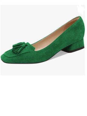YDN Green Block Low Heel Loafer Square Toe Tassel Fringe Pump Slip On Dress Shoe